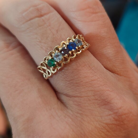 10k Solid Yellow Gold Multi-Colour Stones Ring Size 7 - Picture 2 of 2